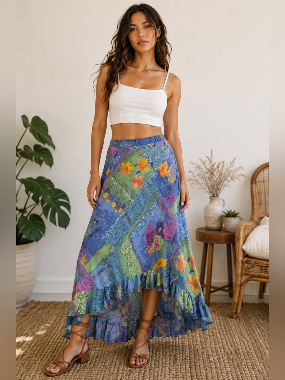 Vintage Y2K Raindrops Fairycore Floral High-Low Maxi Skirt Size L